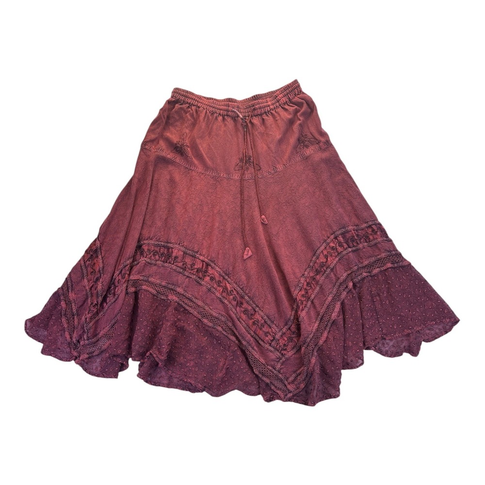 Embroidered  Lace Tiered Peasant Midi Skirt One Size  Burgundy Cottagecore Gypsy